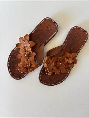 Leather Floral Applique Sandals Brown Slide Flip Flop Size 36 Boho